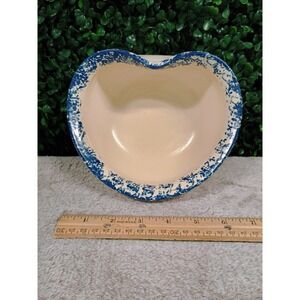 Heart Shape Studio Pottery Bowl Blue Speckled Sponge‎ Painted Rim Stoneware Dish
